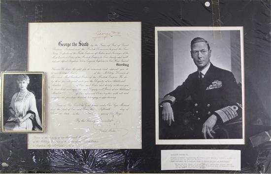 A George VI citation, granting a military division of the Order of the British Empire, unframed, 19 x 30in.
